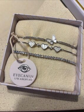 eye candy Silver Layered Heart Butterfly & Gem Bracelet Set